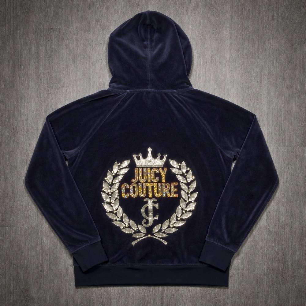 Juicy Couture Velour Zip Hoodie Womens Navy Blue Crown Logo Y2K Jacket
